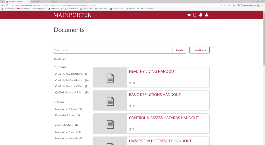 In this view you can see all available learning material, use search to find what you are looking for or use filters to filter the view to show the most relevant learning material.